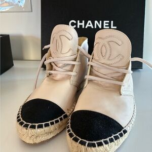 CHANEL Women's Cream and Black Ankle Boots Espadrilles Leather With Box Sz 38